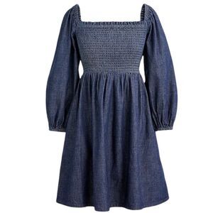 NWT. J. Crew Smocked Puff Sleeve Chambray Dress